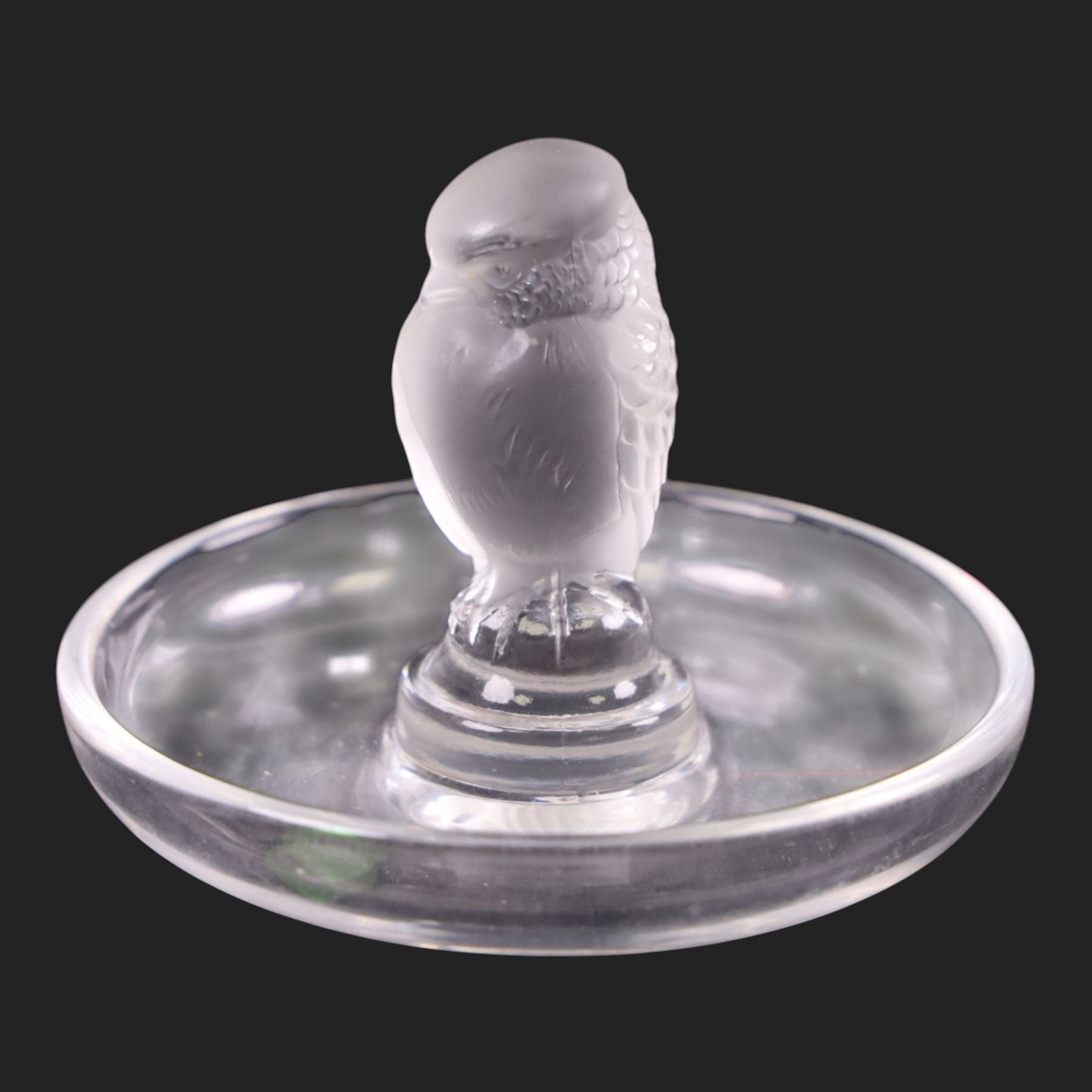 Lalique glass pin dish, with a frosted bird to the center, together with two Lalique scent bottles, pin dish H8cm