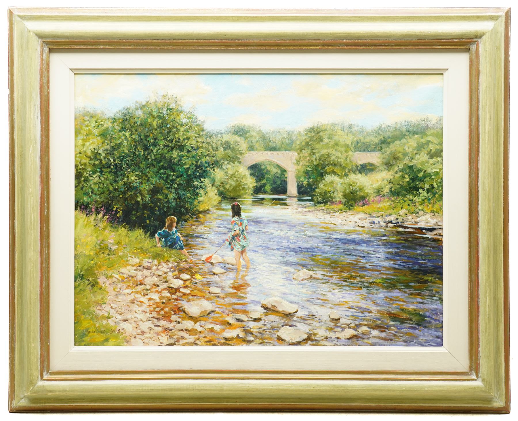 Leslie W Stones (British 20th century): 'A Day by the River', oil on canvas signed, titled verso 45cm x 60cm
