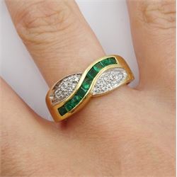 14ct gold channel set emerald and pave set diamond crossover ring, hallmarked