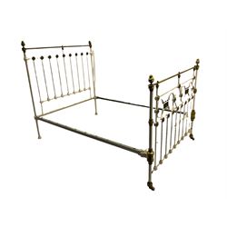 Victorian brass and iron 4' 6'' double bedstead with Kilim canopy and bedspread