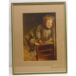  Boy Sat on a Chair Gazing, 19th century watercolour signed with initials A. H. R and dated 1879, 31cm x 21cm  