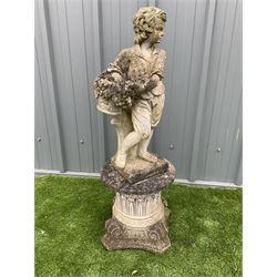 Cast stone garden figure on circular plinth - THIS LOT IS TO BE COLLECTED BY APPOINTMENT FROM DUGGLEBY STORAGE, GREAT HILL, EASTFIELD, SCARBOROUGH, YO11 3TX