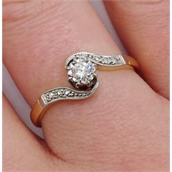 Gold single stone diamond ring, with diamond set crossover shoulders, stamped 18ct Plat