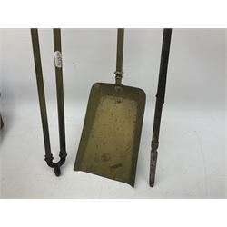 Victorian mahogany coal scuttle, the domed rolling lid carved with ornate foliate motifs opening to reveal interior with twin handled liner, mounted with carrying handle and shovel, together with brass fireside tools, largest H46cm