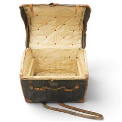 19th century leather and oak bound dome-top trunk with Waterloo and other affixed travel labels
