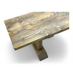 Barker & Stonehouse - contemporary 'Newsham' reclaimed oak dining bench, rectangular plank seat over twin pedestal supports with shaped bases, finished in weathered grey wax