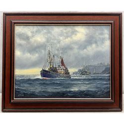 Jack Rigg (British 1927-): Grimsby Trawlers 'Off Whitby', oil on canvas signed, titled and dated 1994 verso 34cm x 45cm 
Provenance: with the Penny Hedge Gallery Whitby, label verso