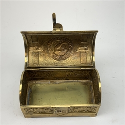 Secessionist brass casket, decorated in relief with ravens to the hinged opening cover and parrots to the body, further detailed with stylised motifs, impressed beneath St, H9.5cm, L16cm


 