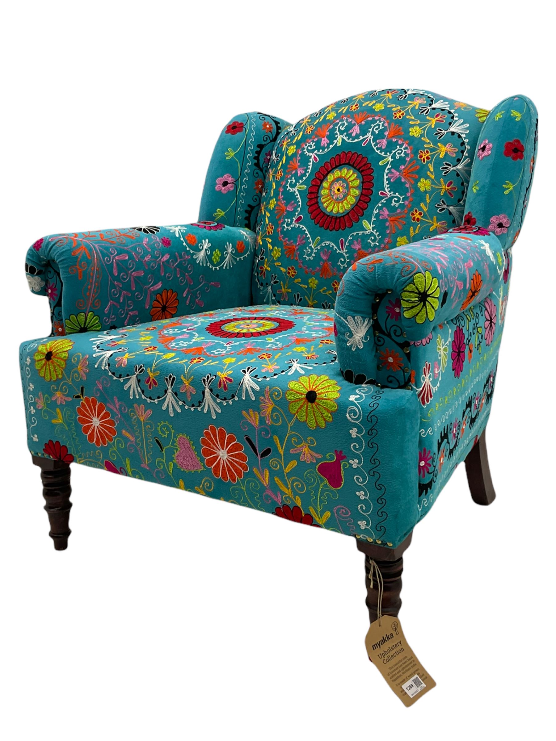 Myakka Victorian style club armchair, upholstered in crazy daisy turquoise fabric 