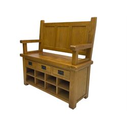Light oak hall bench, tripled panelled back, fitted with drawers and shoe holes