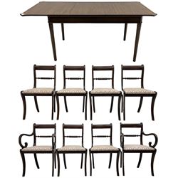 Regency design mahogany extending dining table, rectangular top with extending canted corners, pull-out action with additional leaf (84cm x 136cm - 182cm, H76cm); set of eight Regency design mahogany dining chairs with rope twist rails