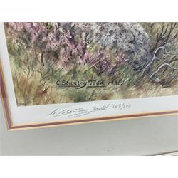 Five limited edition framed coloured prints of shooting interest comprising after C. Stanley Todd game birds taking flight in a mountainous lake landscape no.348/600; after J.C. Harrison game birds in flight over fields no.285/500; after Alan B. Hayman  'A Right and Left?' no.398/850; after Andy Beck 'Pheasant Drive' no.56/350; and after Leo Stans 'Autumn Air'; all signed on the mount; various frames (5)