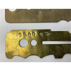 Three war department brass uniform protector button polisher, one marked 650097