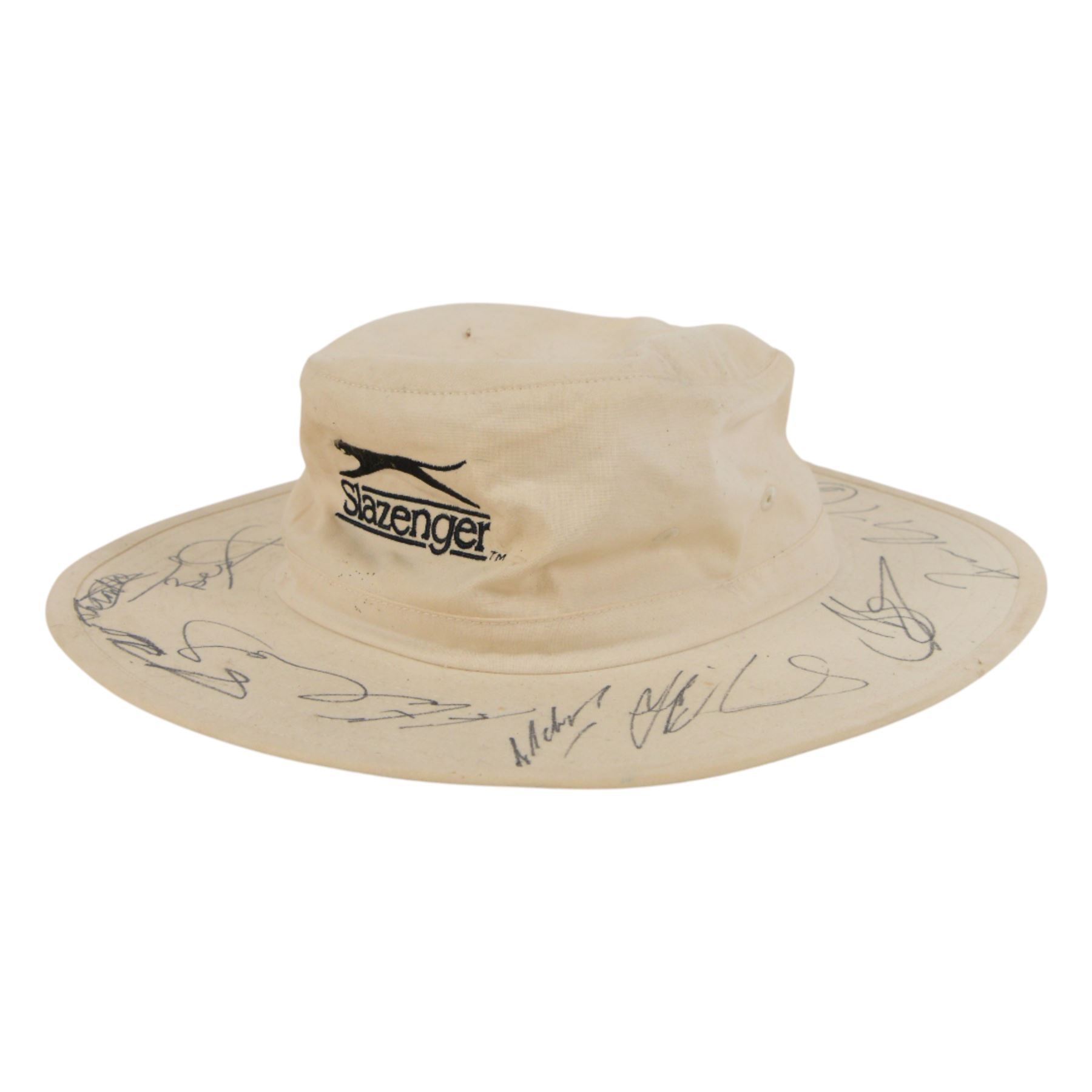 Signed International cricket memorabilia, comprising Alan Donald signed Kookaburra Commander cricket ball, wide brimmed hat signed by Darren Sammy and other West Indies players and a collection of signed miniature cricket bats, each with signatures of International cricket players including Brian Lara, Grant Flower, Richard Hadlee, Zimbabwe vs Rest of World 1993, South Africa vs Presidents VI 1994, Eastern Province South Africa 1992 and South Africa Touring Side Scarborough 1994