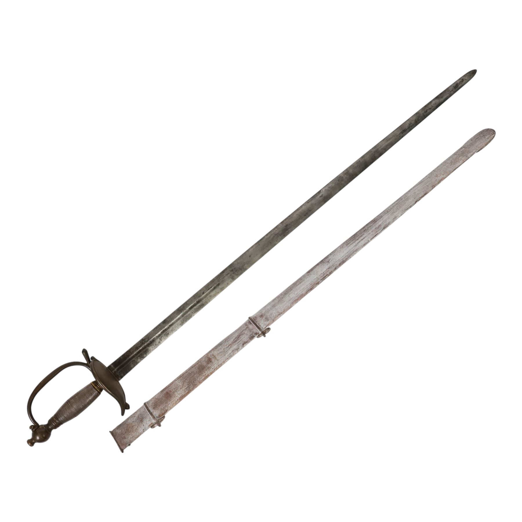 British Georgian Officers Sword, with 83cm double edged fullered blade engraved with with motifs and Osborn along with Warranted, with brass heart shaped guard and faux wire bound grip, with scabbard with twin suspension rings, overall length 100cm