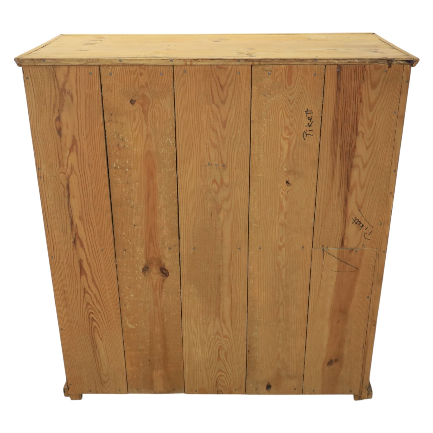 Victorian polished pine chest, straight front with panelled sides, fitted with two short and three long drawers, turned wooden handles