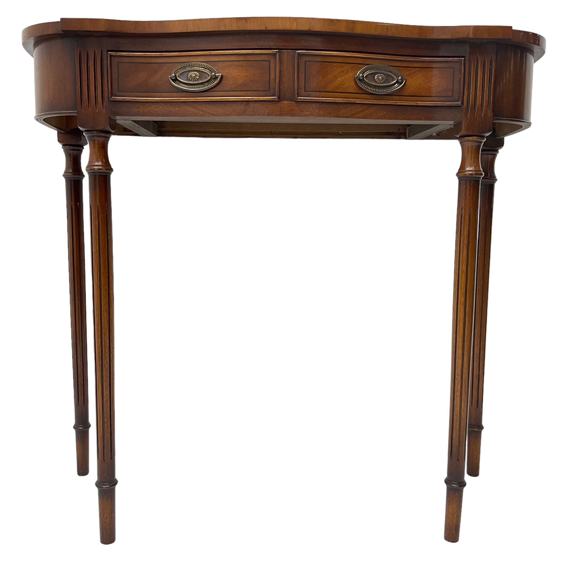 Regency design mahogany serpentine console table, fitted with single drawer disguised as two with cockbeaded facia, raised on fluted tapering supports
