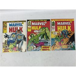 Collection of bronze age Marvel comics (1973-1976). Spider-Man Comics Weekly (1973-1976) nos 8-12, 14, 19-34, 75, 92, 95-97, 101-103, 106, 108, 109, 111, 115, 116, 121-132, 152, 155 and 156. Super Spider-Man with the Super-Heroes (1976) nos 161, 166-170, 177-182. The Mighty World of Marvel starring the Incredible Hulk (1974-1975) nos 102-04, 113-129 (excluding 115 and 120), 134, 135, 140, 143, 153-156, 158, 170, 172 and 182 (89)