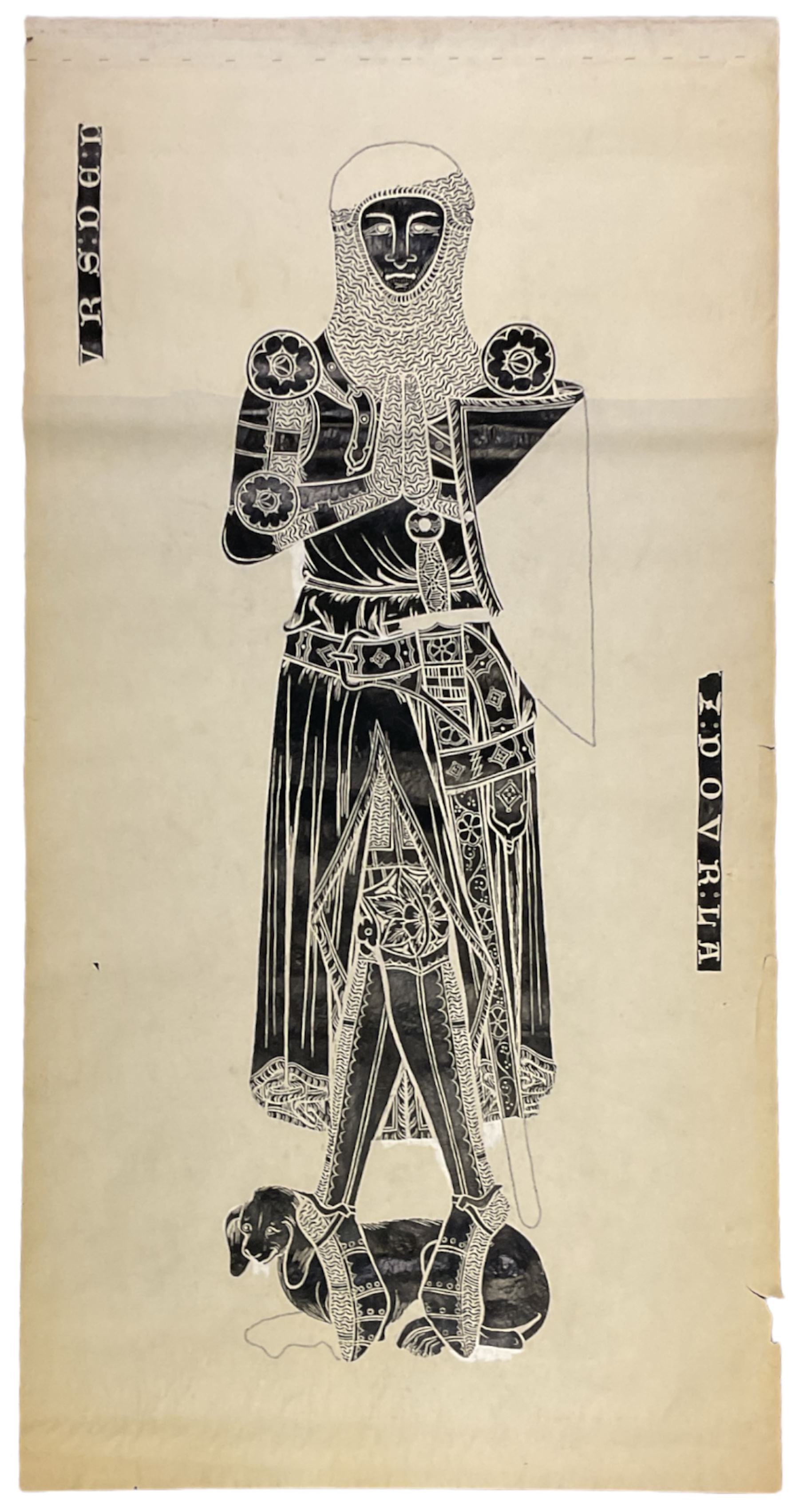 Collection large Brass Rubbings to include: 'Sir Robert de Bures (c.1331)', Knight 'Robert Ingylton' with Three Wives, 'Sir John d'Aubernoun II', 'Sir William Fitzralph (c.1323)', 'Sir John de Creke and Wife Alyne (c.1325)', 'Sir Thomas Swynborne and Father Sir Robert' and others max 280cm x 102cm (13) (unframed)