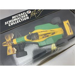 Four Paul's Model Art 1:18 scale die-cast racing cars - Jacques Villeneuve Williams Mecachrome Launch Version 1998 and Williams Renault FW19; Ralf Schumacher Jordan Peugeot 197; and Michael Schumacher Benetton Renault B195 World Champion 1995; all boxed (4)