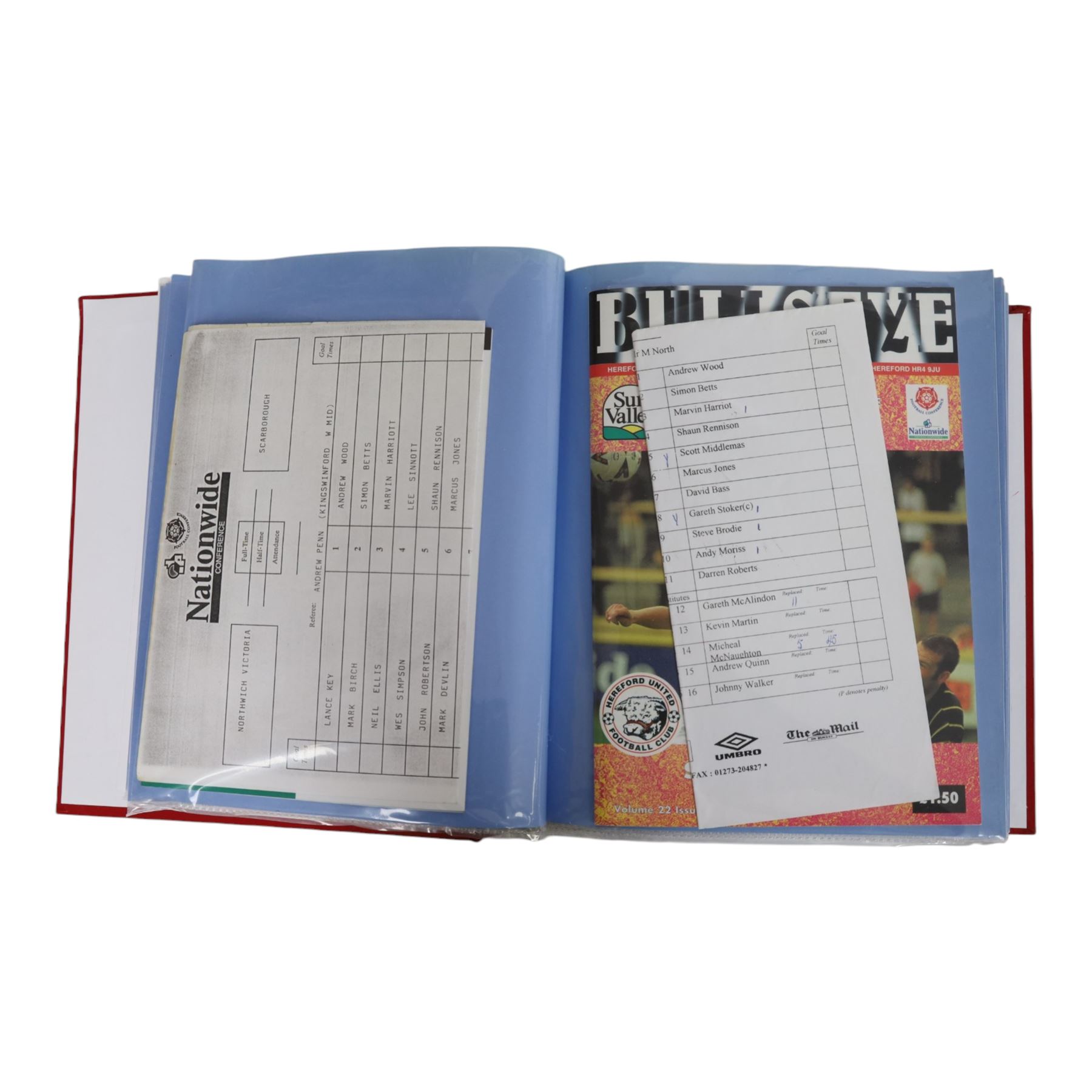 Comprehensive collection of approximately two hundred and twenty Scarborough FC football programmes for the 1999/00, 2000/01, 2001/02 and 2002/03 seasons, all filed within eight dedicated Scarborough FC red Home and Away binders