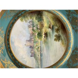Large Minton cabinet plate, with central hand painted panel of Windsor Castle, signed A Holland, within a tooled gilt turquoise border, with impressed and printed marks and inscribed Windsor Castle beneath, D32cm