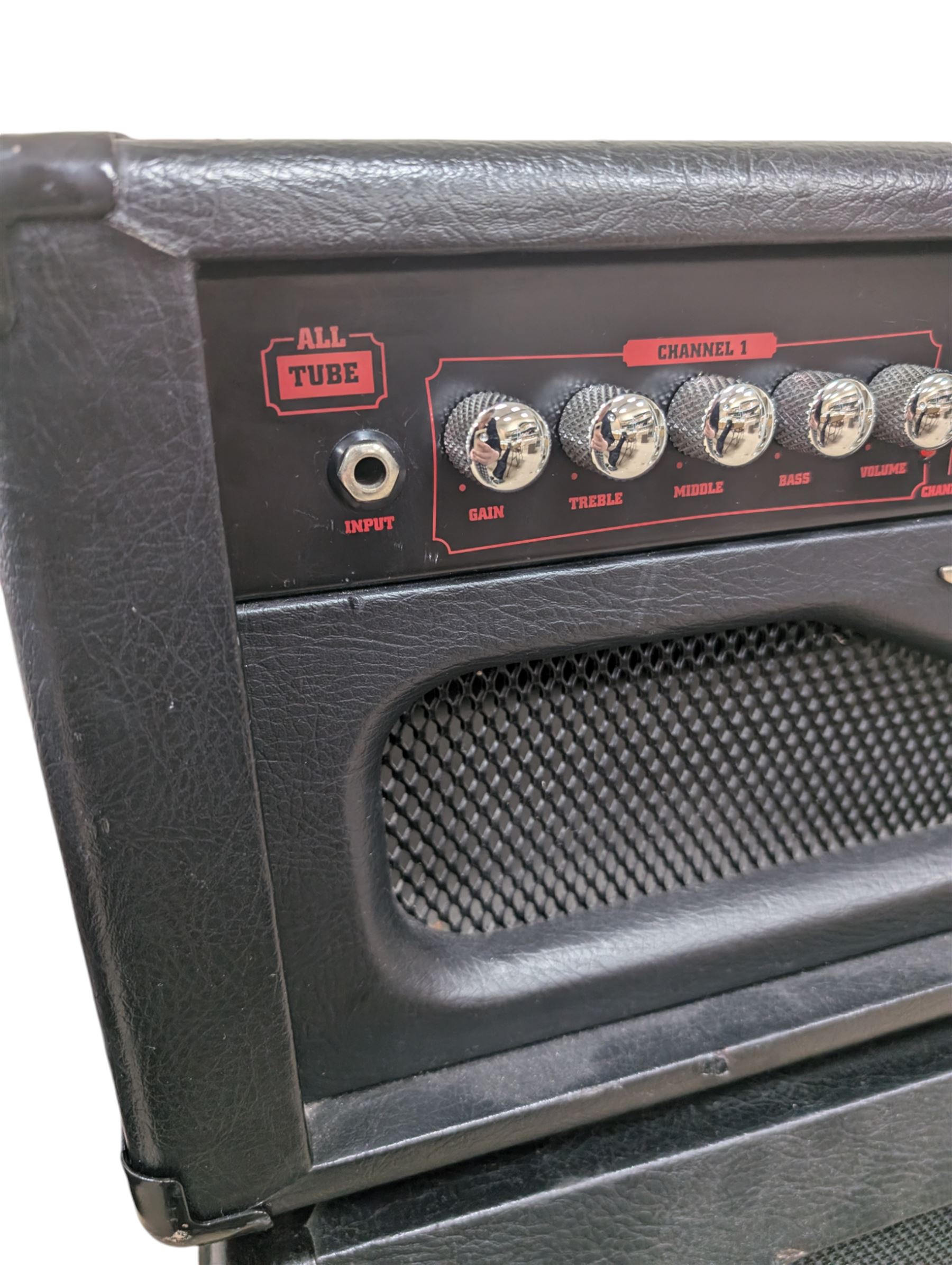 Ashdown Engineering Fallen Angel 60 DSP guitar amplifier head model no. FA60H, serial no. 18930406, 4 x 12 speaker cabinet, model no. FA 412A serial no. 20210106, and a four-button foot pedal, head H24cm, W70cm, cab H78cm, W70cm