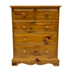 Pair polished pine chests, each fitted with two short and three long drawers