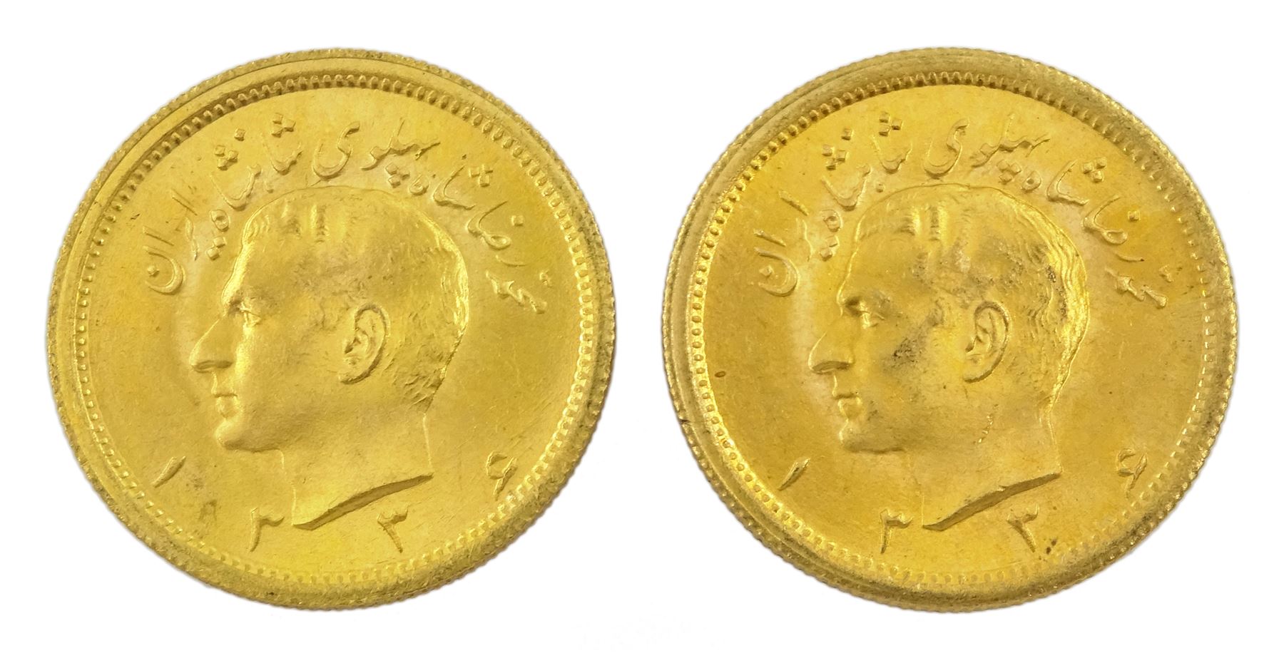Two Persia (Iran) Mohammed Reza Shah 1 Pahlavi gold coins, 1945-1979               