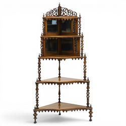 Victorian mahogany five-tier corner whatnot, raised and pierced back of scrolling foliate ...
