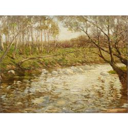 Paul Paul (Staithes Group 1865-1937): Wooded River Landscape, oil on board unsigned, artist's studio stamp verso 47cm x 60cm 
Provenance: from the artist's studio collection. Paul Politachi, born in Constantinople in 1865, was the son of Constantine Politachi (1840-1914), a merchant in cotton goods, and his wife Virginie. About 1870 the family came to England, and in 1871 Paul is listed as living at 4 Victoria Crescent, Broughton, Salford with his parents, two younger sisters Eutcripi and Emilie, paternal grandmother Fotine, a governess and a servant. In January 1887 he enrolled at Hubert von Herkomer's School at Bushey, where he presumably met fellow future Staithes Group members Rowland Henry Hill and Percy Morton Teasdale.

After his marriage to Marion Archer in 1896 he changed his name to the more Anglophone Paul Plato Paul. He exhibited at the Royal Academy ten times between 1901 and 1932. He was elected to the Royal Society of British Artists in 1903 and in that year exhibited 'The Old Pier, Walberswick' and 'The Road to the Village' in their winter exhibition. Two years later he was elected a member of the Staithes Art Club, alongside Teasdale. He died at 11 Bath Road, Bedford Park, Brentford, Middlesex on 23 January 1937, aged 71.