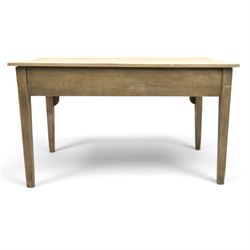 19th century stripped and painted rustic pine table, rectangular triple plank top fitted with two drawers, raised on square tapering supports