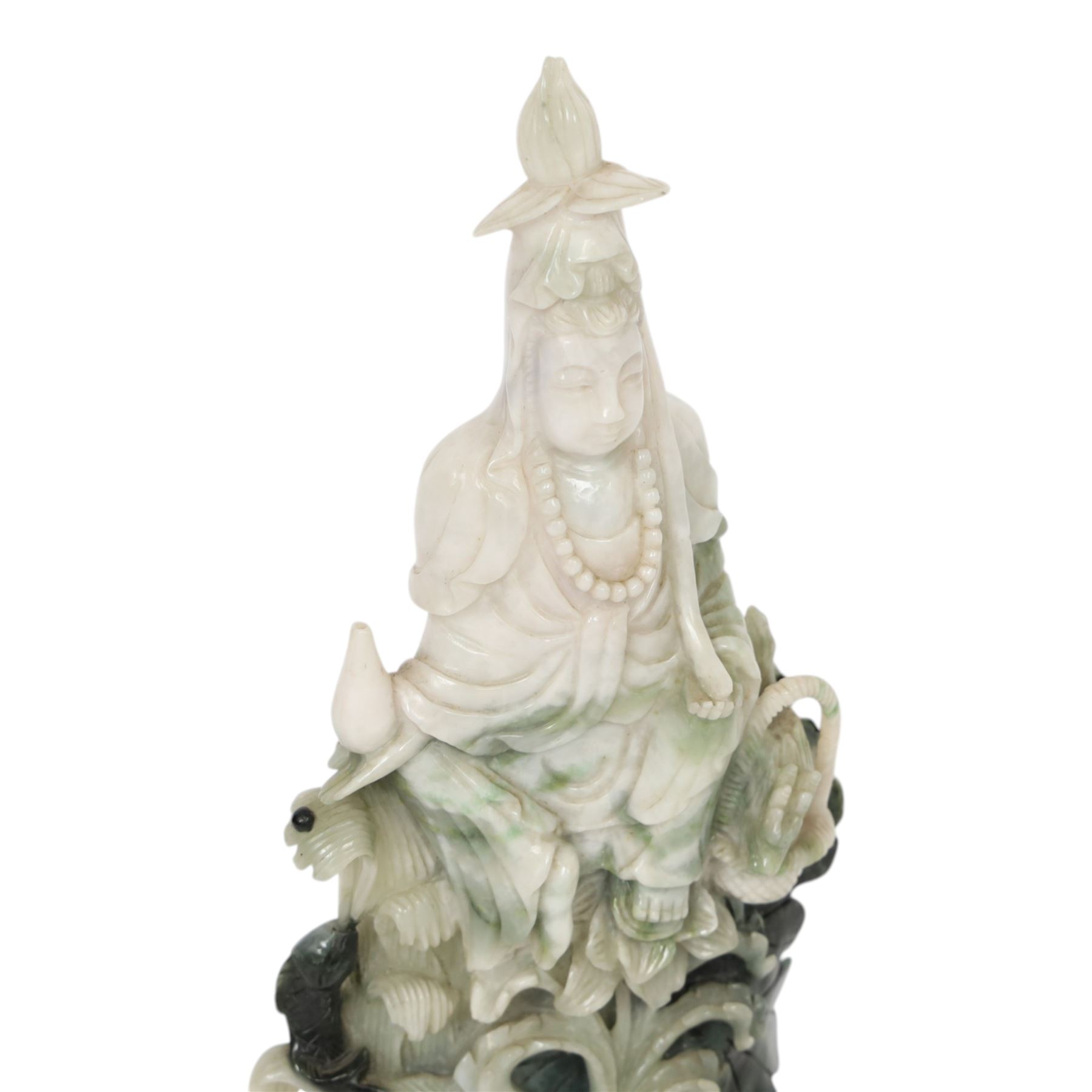 Chinese carved hardstone figure of Guanyin on wooden base, H31cm