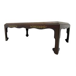 19th century rosewood opium table, rectangular top with moulded edge, the shaped apron decorated with applied brass scrolling foliate detail, raised on shaped supports with stylised leaf feet and cockbeaded edge