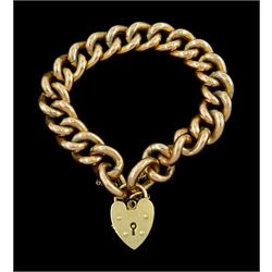 Early 20th century 9ct rose gold wide curb link bracelet, each link stamped 9c, with later 9ct yellow gold heart locket clasp