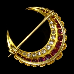  Ruby and diamond crescent gold brooch  