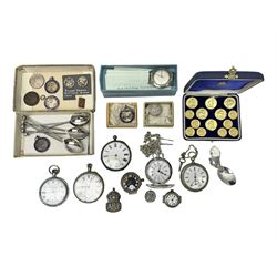 Pair of Georgian silver dress buttons, silver caddy spoon, silver fob medals, silver watches, set of six silver plated teaspoons, set of gilt buttons with ship design, etc