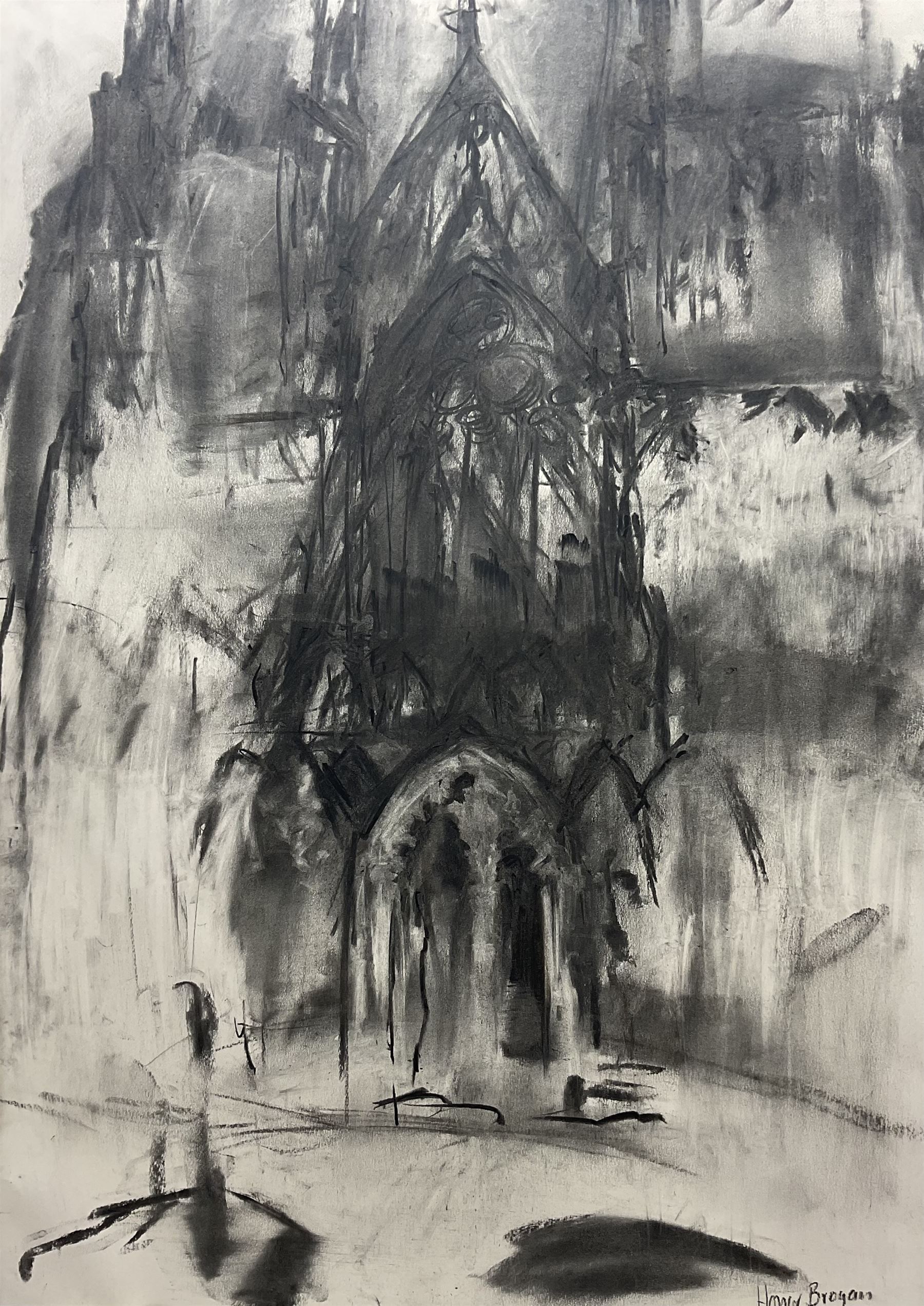 Honor Brogan (British Contemporary): 'Lichfield Cathedral - West Front', charcoal signed, titled and dated 2001 on exhibition label verso 83cm x 58cm