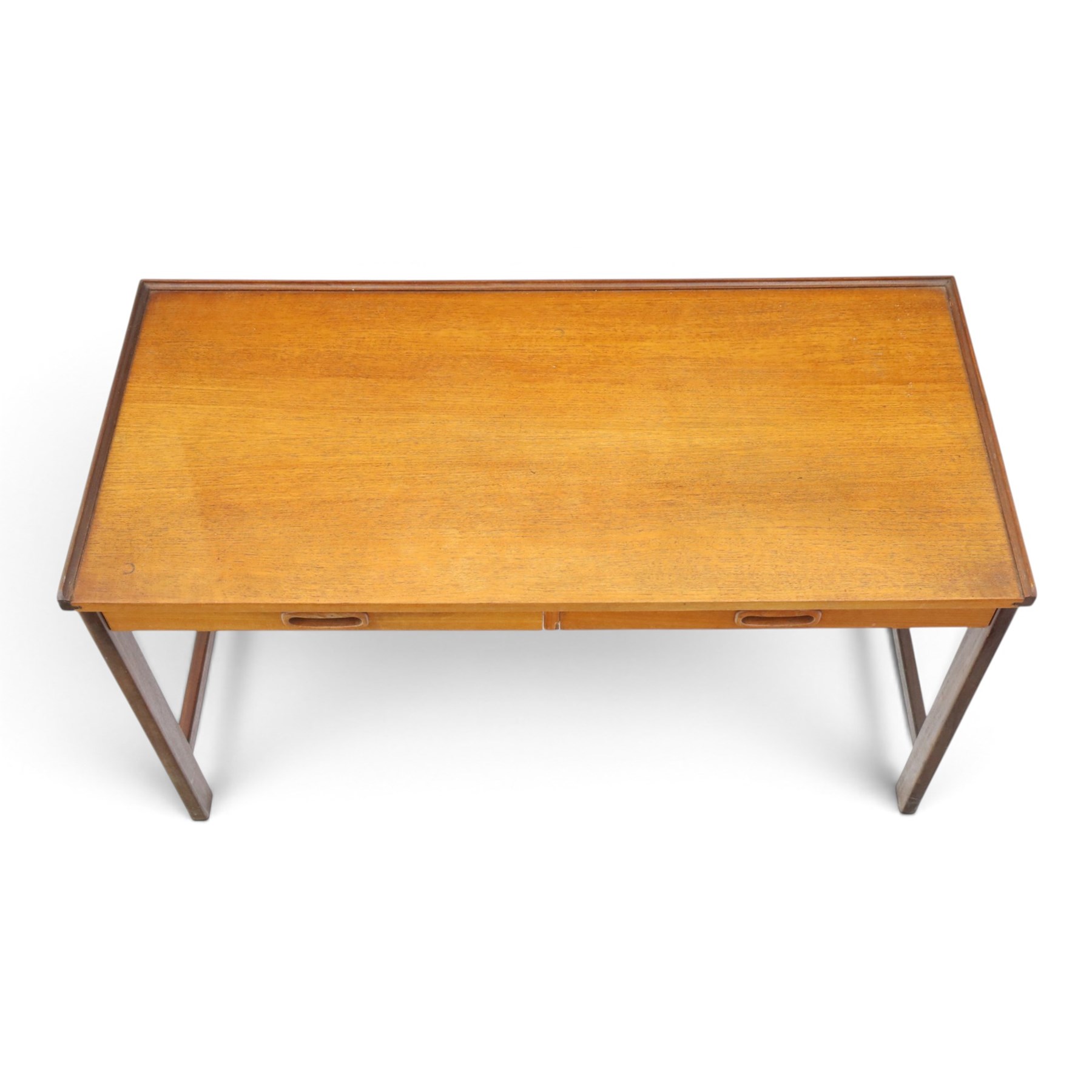 Danish mid-20th century teak small console table, fitted with two baize lined drawers, raised on square supports united by stretchers