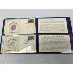 The Royal Mint United Kingdom 1984 brilliant uncirculated coin collection, 1997 and 2001 commemorative crown coins, 1997 old round one pound, all in card folders and four sterling silver medallic first day covers from the 'Great Britons' collection housed in a blue folder