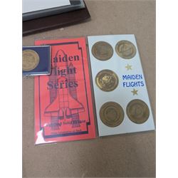 Nasa Space Shuttle program commemorative items, including album of stamp covers, telephone cards, five Shuttle Crew Emblem Collector's Series medallions, Maiden Flights bronze medallions, Missions of the Orbiter Challenger set of medallions and Apollo series medallions