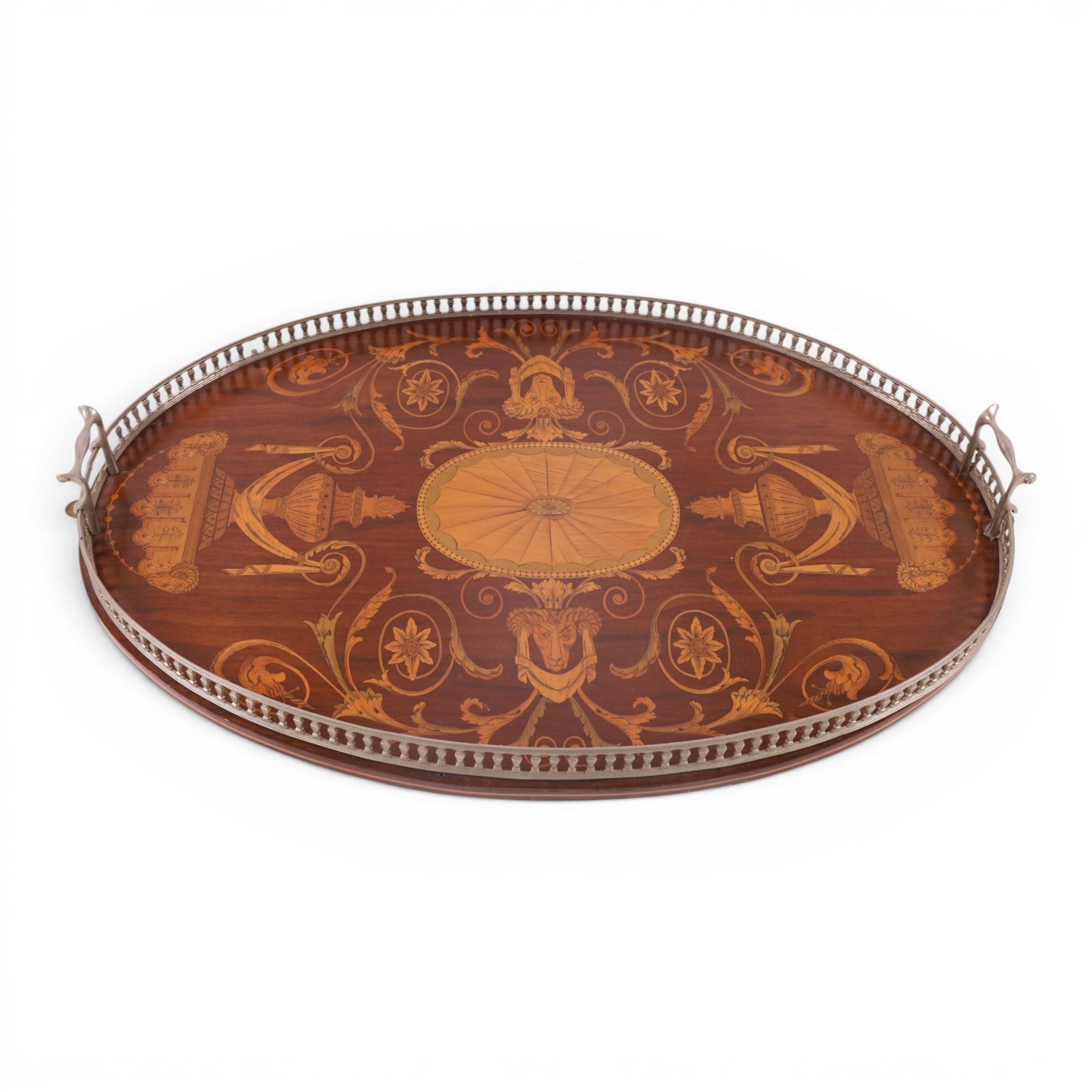 19th century inlaid mahogany tray, decorated with rams heads and floral sprigs, with priced metal boarder, L68cm 