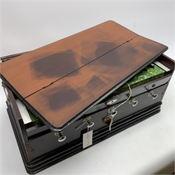 Indian portable harmonium by Kamala with mahogany stained wooden case and green pearline keys L56cm