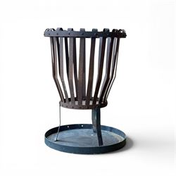 Wrought metal garden burner, circular tapering form, with circular lid converting to ash pan
