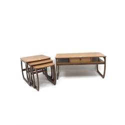 Parker Knoll teak coffee table with through drawer (107cm x 46 cm, H50cm), and a matching nest of three tables 