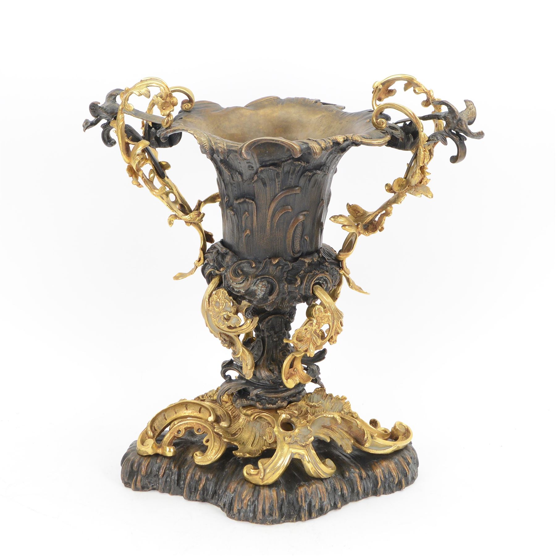 After Henry Dasson (1825-1896): large French gilt bronze urn, the body of typical form and cast with C scrolls, with twin curved gilt foliate handles detailed with birds, upon a scrolling foot, and naturalistically cast base, impressed HENRY DASSON to foot, H50.5cm W48cm