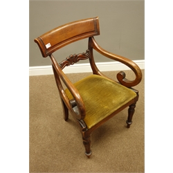  Regency period armchair, carved middle rails, scrolled arms, upholstered seat, turned octagonal legs  