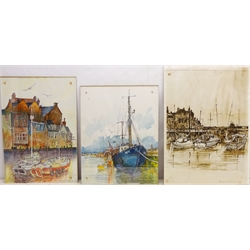  The Haven Fishing Boat, Bridlington and Bridlington Harbour, three watercolours signed by Ronald Falck (British Contemporary 1938-2018), two dated 1982 & '83, 59cm x 42cm unframed (3)  