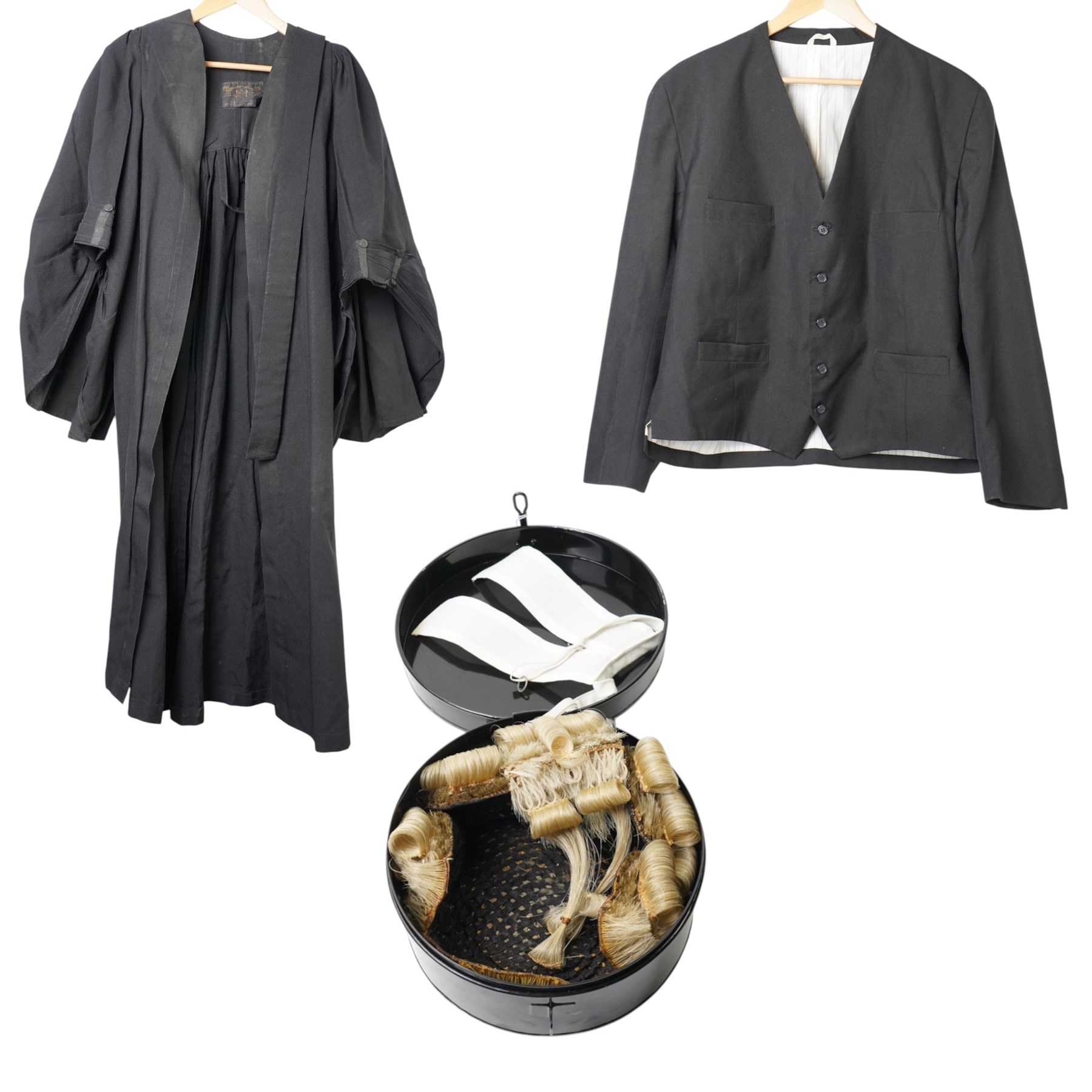 1978 William Northam & Co- Barrister's peruke in box together with gown, sleeved waistcoat and original bags