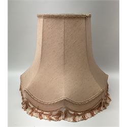 Portuguese ceramic lamp of baluster form, with pink decoration and accompanied with pink lampshade with tassel decoration, H59cm, without lampshade. 